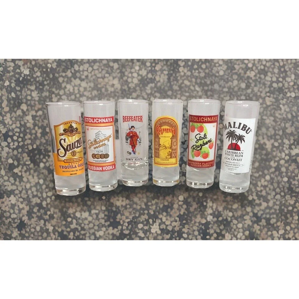6 Shot Glasses Beefeater,Stoli, Kahula,Malibu,Stoli , Sauza 4” doubles !